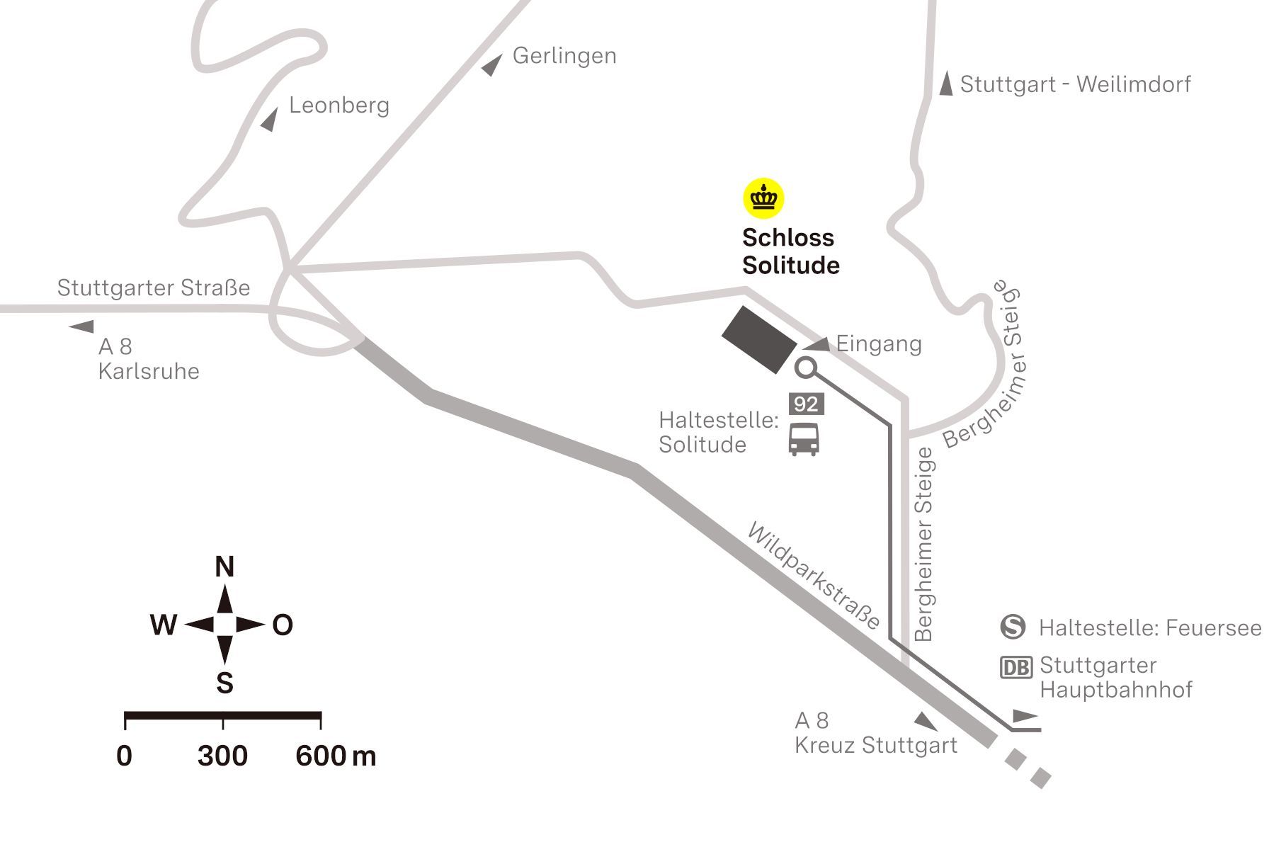 Entwurf: Staatliche Schlösser und Gärten Baden-Württemberg, JUNG:Kommunikation Anfahrtsskizze zum Schloss Solitude